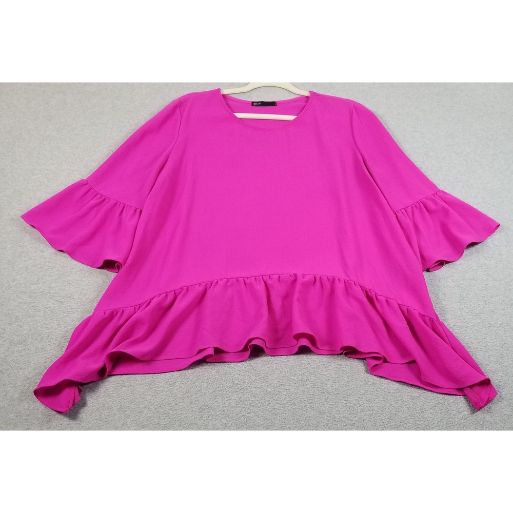 Gibson Tunic Blouse Womens XL Pink Peplum Ruffle Bell Sleeve See Through Texture